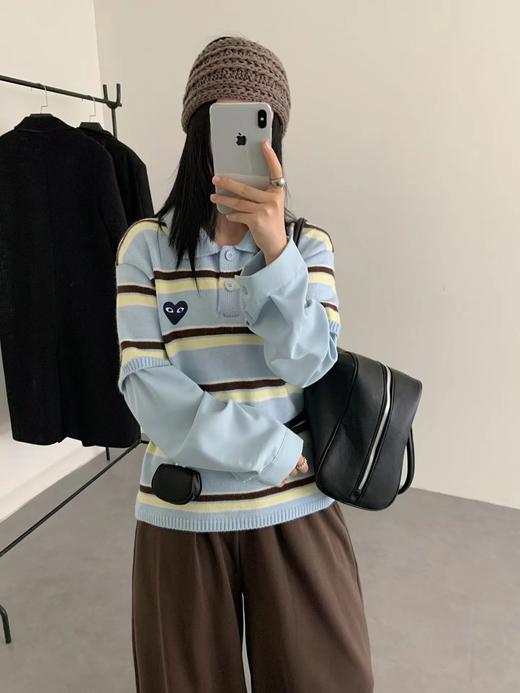 F013024复古学院风Polo领设计条纹毛衣针织衫 商品图0