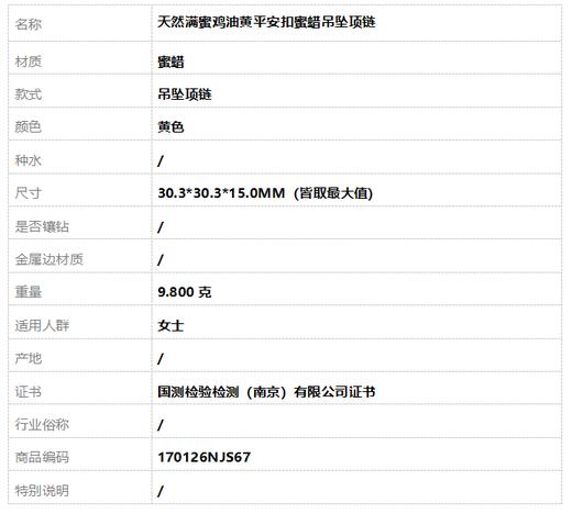 【天然正品】天然满蜜鸡油黄平安扣蜜蜡吊坠项链30.3*30.3*15.0MM（皆取最大值）170126NJS67 商品图9