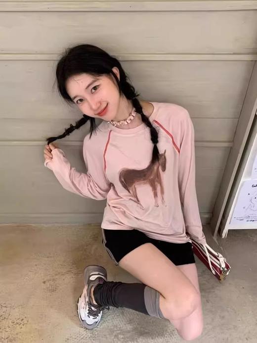 宋轶同款波尔小马手绘印花装饰线插肩袖上衣 商品图4