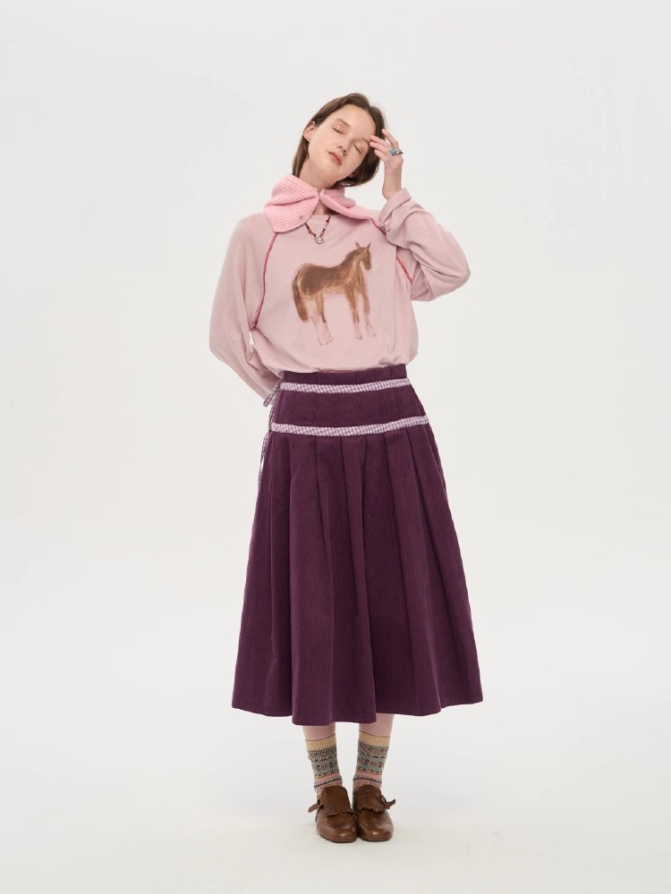 宋轶同款波尔小马手绘印花装饰线插肩袖上衣