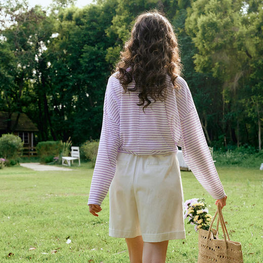 OLrain欧芮儿2026新款女春季紫色松弛感条纹绑带下摆宽松长袖T恤 商品图3