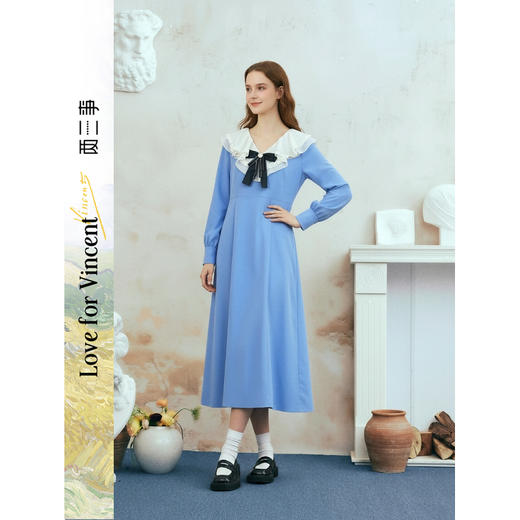 两三事梵高文艺心动微光2026春季新款复古荷叶边刺绣蝴蝶结连衣裙 商品图0