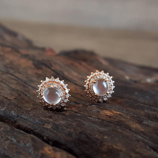 【天然正品】A货翡翠AU750玫瑰金镶钻镶天然细腻白色高冰种蛋面翡翠耳钉18.0*8.3*7.9MM（皆取最大值）190126NJS25 商品图5