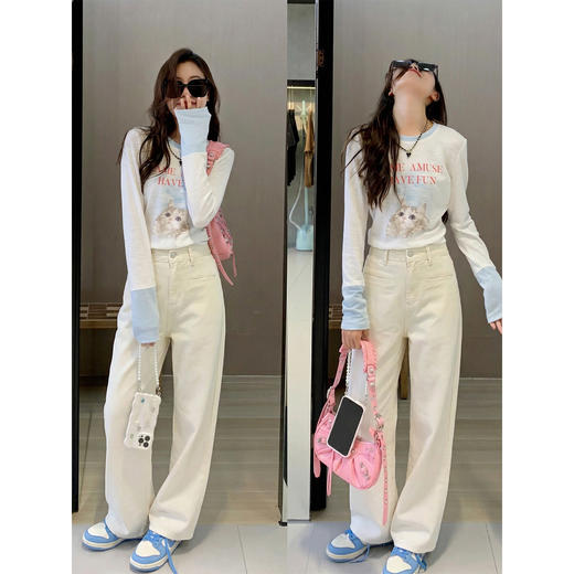 <曾小咸推荐>韩系米杏色高腰直筒牛仔裤女 商品图3