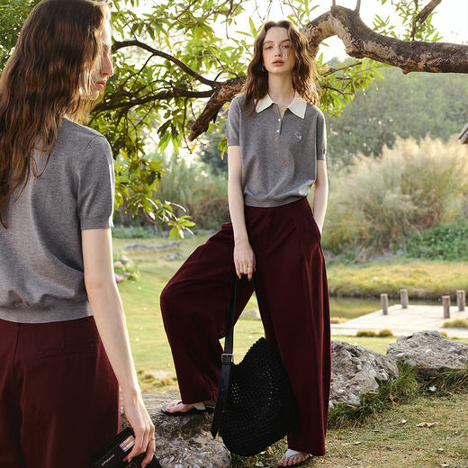 欧芮儿休闲通勤撞色P0LO领毛针织套头衫女夏季2026新款短袖上衣 商品图1