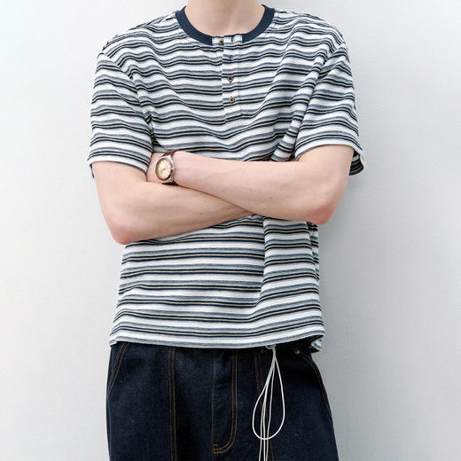 714street复古亨利领短袖T恤男2026春季潮牌半开领条纹休闲针织衫 商品图1