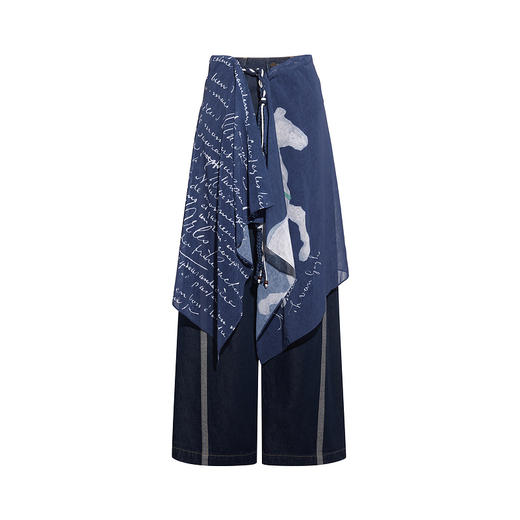 两三事梵高文艺风形日记2026春季新款时尚印花布绑带拼边牛仔裤女 商品图4