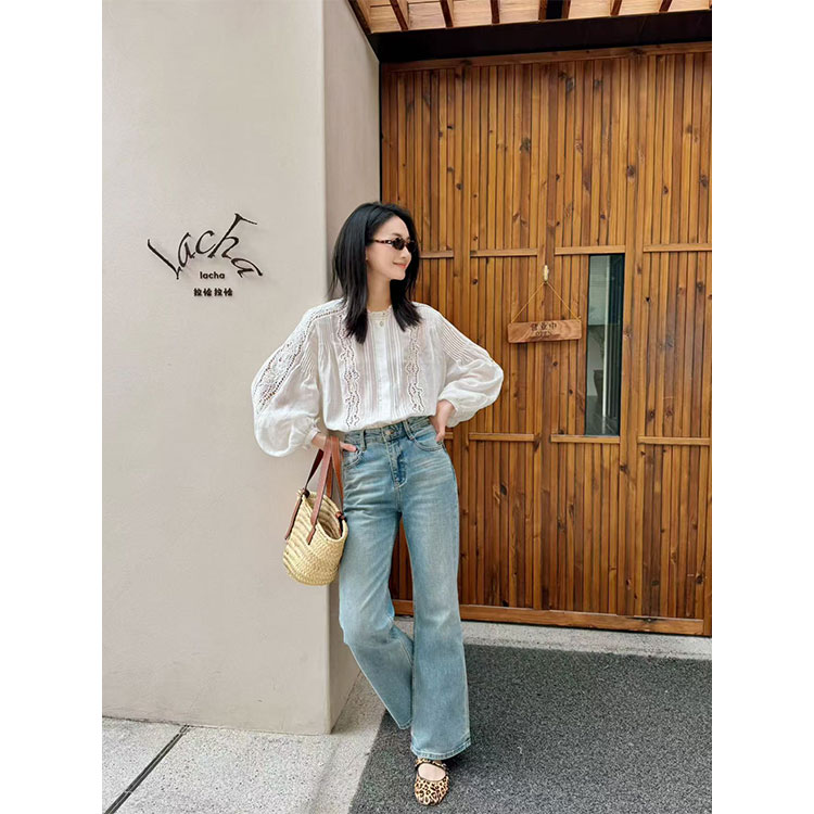 雕刻岁月 复古浅蓝绿色 微喇叭牛仔长裤edition同源面料 显瘦显腿长