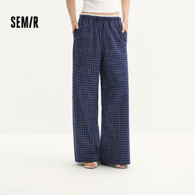 森马休闲裤女夏盐缩格子肌理花边长裤2026新款文艺慵懒温柔阔腿裤