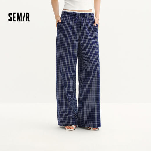 森马休闲裤女夏盐缩格子肌理花边长裤2026新款文艺慵懒温柔阔腿裤 商品图0