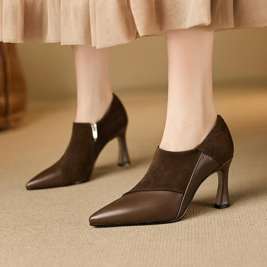 【[预售5天】复古真皮拼接时尚高跟鞋女春秋季新款尖头细跟深口单鞋气质工作鞋MQE&G67-10 商品图1