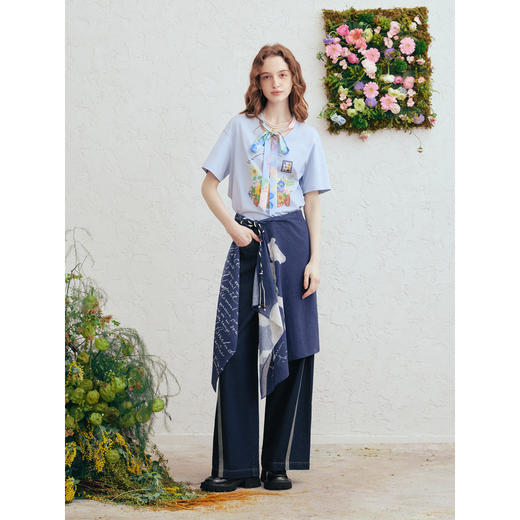 两三事梵高文艺风形日记2026春季新款时尚印花布绑带拼边牛仔裤女 商品图3