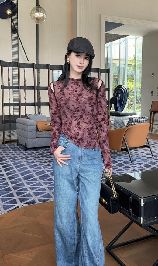 出口原单重磅双层网纱浮雕植入绒提花工艺小性感小心机设计打底衫（超大弹力） 商品图1