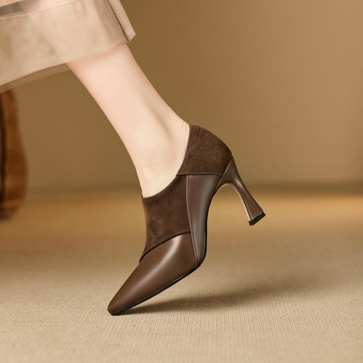 【[预售5天】复古真皮拼接时尚高跟鞋女春秋季新款尖头细跟深口单鞋气质工作鞋MQE&G67-10 商品图5