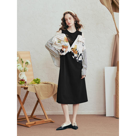 两三事梵高文艺 热望星群 2026春季新款复古绣花露肩假两件连衣裙 商品图3