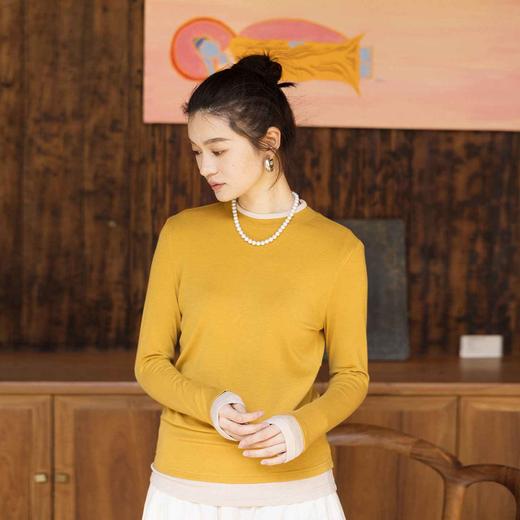 特绽放010朵/心机打底衫·可机洗天丝羊毛拼色修身显瘦长袖T恤女 商品图0