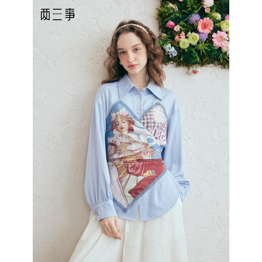 两三事 浓情假日 2026春季新款复古印花拼接绑带假两件衬衫女 商品图0