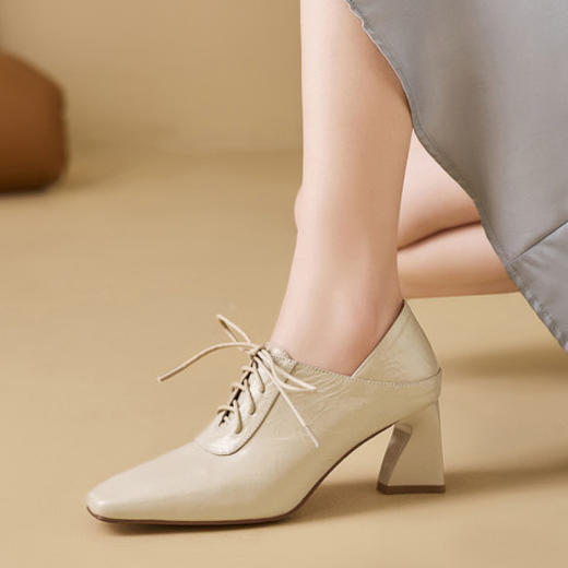 【预售5天】新款真皮系带小皮鞋女粗跟方头时尚高跟深口单鞋百搭女鞋MBJR&5915 商品图2