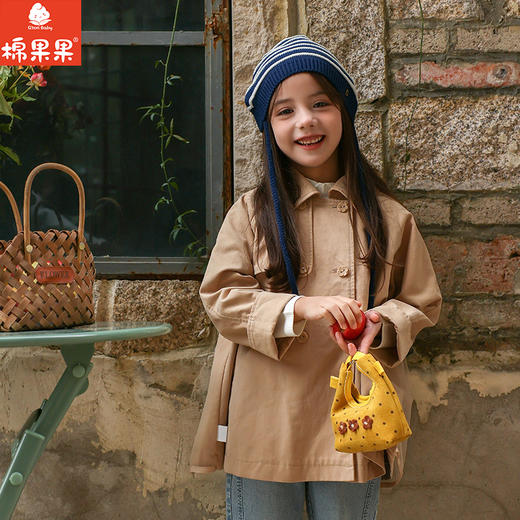 棉果果春季新品女童梭织斜纹甜美洋气卡其色翻领网纱风衣M122130226105 商品图0