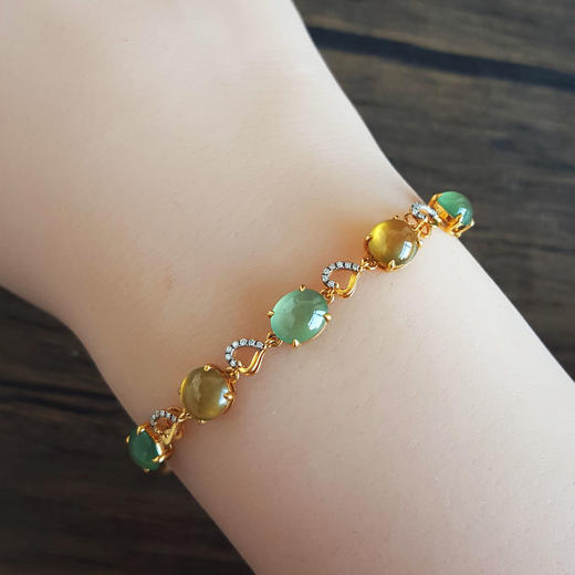 【天然正品】A货翡翠AU750黄金镶钻镶天然细腻晴水冰种蛋面翡翠配符山石手链 链长：20CM（长度可调节）181125AH48 商品图7