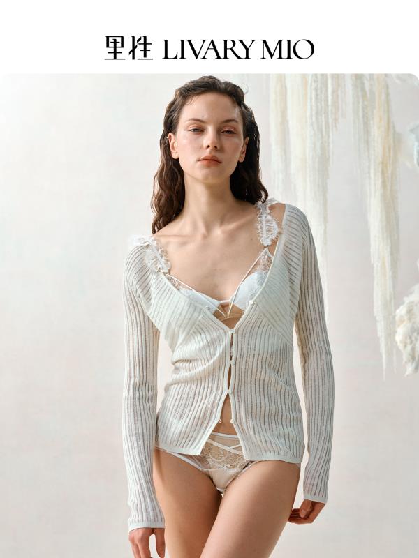 【蔡文静同款】里性 LIVARY MIO 云迹 V领针织开衫绢丝亚麻上衣镂空长袖法式短外套