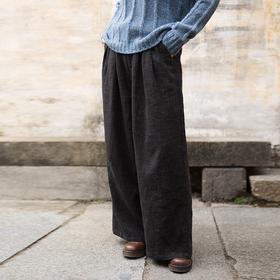 绽放015朵/色织亚麻系带半腰松紧阔腿裤女春季新款直筒长裤休闲裤