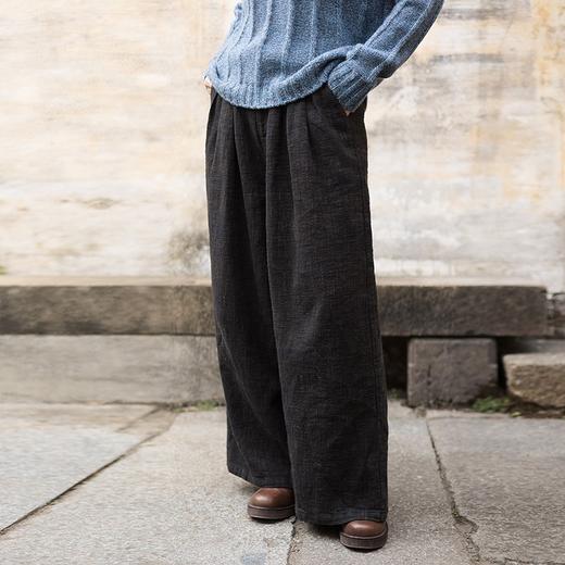 绽放015朵/色织亚麻系带半腰松紧阔腿裤女春季新款直筒长裤休闲裤 商品图0