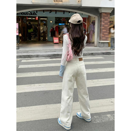 <曾小咸推荐>韩系米杏色高腰直筒牛仔裤女 商品图4