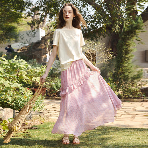 OLrain欧芮儿2026新款女春季法式飘逸灵动粉格大摆雪纺半身裙长款 商品图2