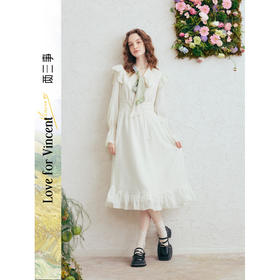 两三事梵高文艺情书未眠2026春新款甜美荷叶边拼接印花领带连衣裙