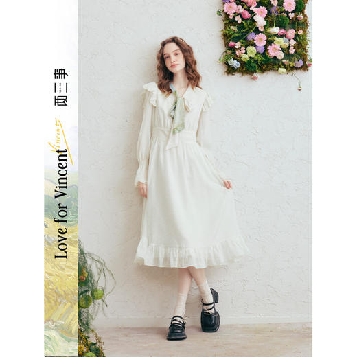 两三事梵高文艺情书未眠2026春新款甜美荷叶边拼接印花领带连衣裙 商品图0