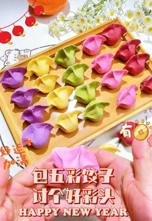 48h发货 铁棍山药果蔬谷物五彩饺子【过年包饺子必备】
 无色素，无防腐剂，无改良剂 
铁棍山药果蔬谷物轻食养饺子粉，
好吃好看好用，新年讨个好彩头！五色混搭发货 商品图5