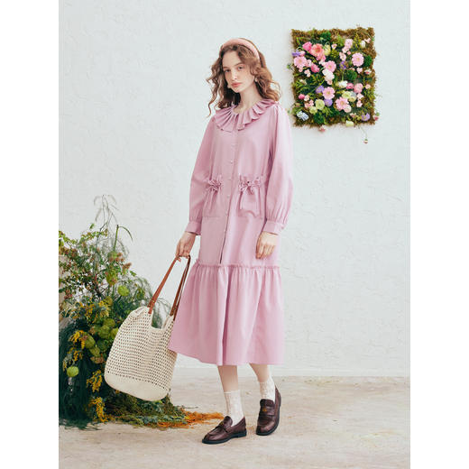 两三事挚爱象限2026春新款小清新压褶翻领蝴蝶结口袋衬衫裙连衣裙 商品图1