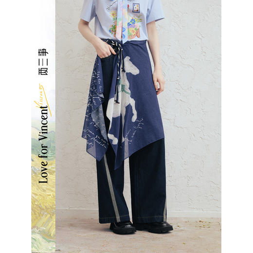 两三事梵高文艺风形日记2026春季新款时尚印花布绑带拼边牛仔裤女 商品图0