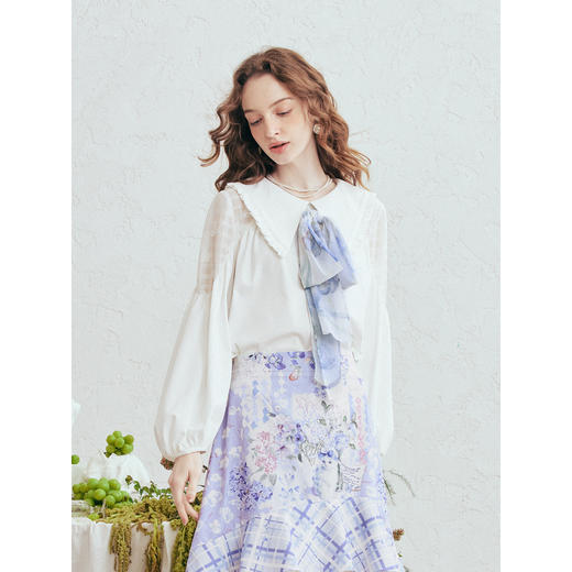 两三事梵高文艺初恋协奏2026春新款镂空布拼接印花领带灯笼袖衬衫 商品图1