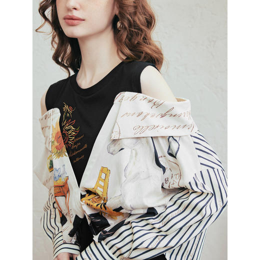 两三事梵高文艺 热望星群 2026春季新款复古绣花露肩假两件连衣裙 商品图2