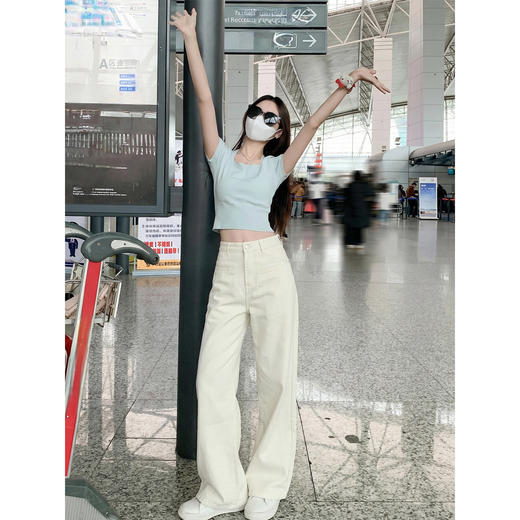 <曾小咸推荐>韩系米杏色高腰直筒牛仔裤女 商品图1