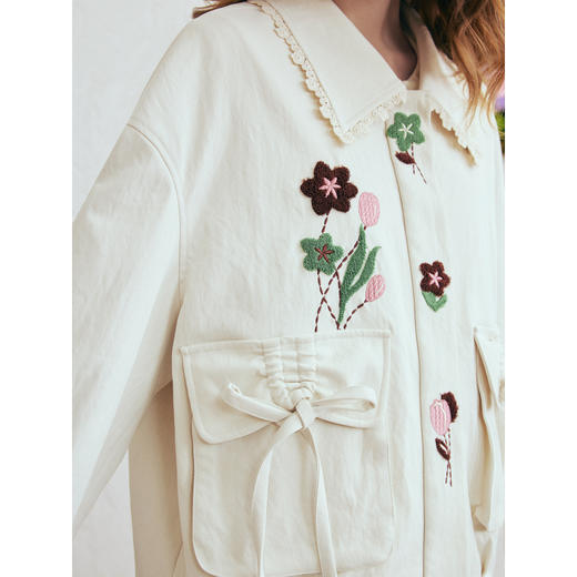 两三事心跳同频2026春季新款甜美花朵毛巾绣蕾丝边翻领短外套女 商品图3