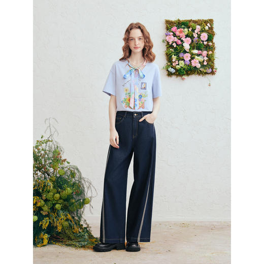 两三事梵高文艺风形日记2026春季新款时尚印花布绑带拼边牛仔裤女 商品图1