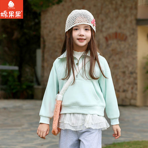 棉果果春季新品女童纯棉小线圈绿色翻领套头卫衣M122180226117 商品图0