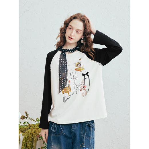 两三事梵高文艺悄然心动2026春季新款拼色插肩袖蝴蝶结印花t恤女 商品图1