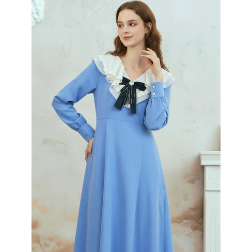 两三事梵高文艺心动微光2026春季新款复古荷叶边刺绣蝴蝶结连衣裙 商品图2