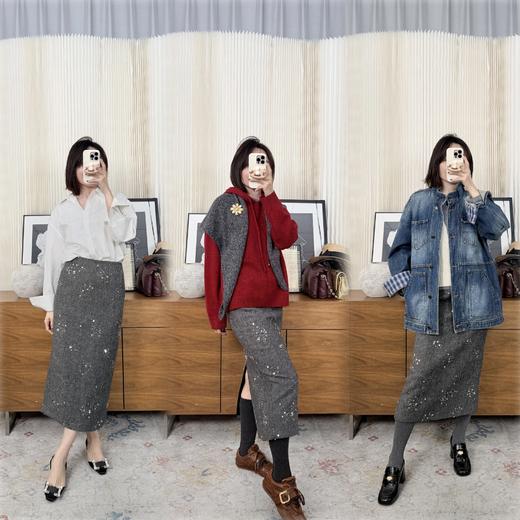 【贝拉推荐】高阶智性美 H型灰色羊毛钉珠半裙 普ra达克制的性感 时髦知识分子羊毛半裙 商品图0