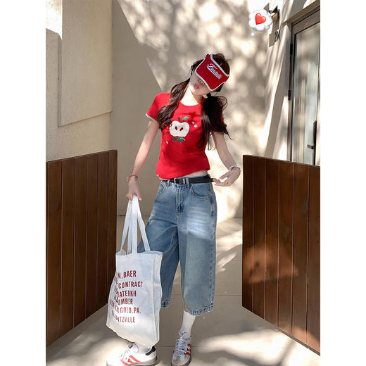 <曾小咸推荐>红色苹果植绒短袖t袖夏上衣 商品图4