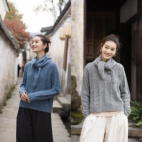 绽放070朵/100绵羊毛衫设计感花纱圆领含领巾套头毛针织衫女毛衣