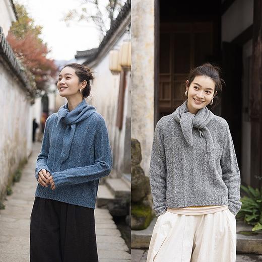 绽放070朵/100绵羊毛衫设计感花纱圆领含领巾套头毛针织衫女毛衣 商品图0