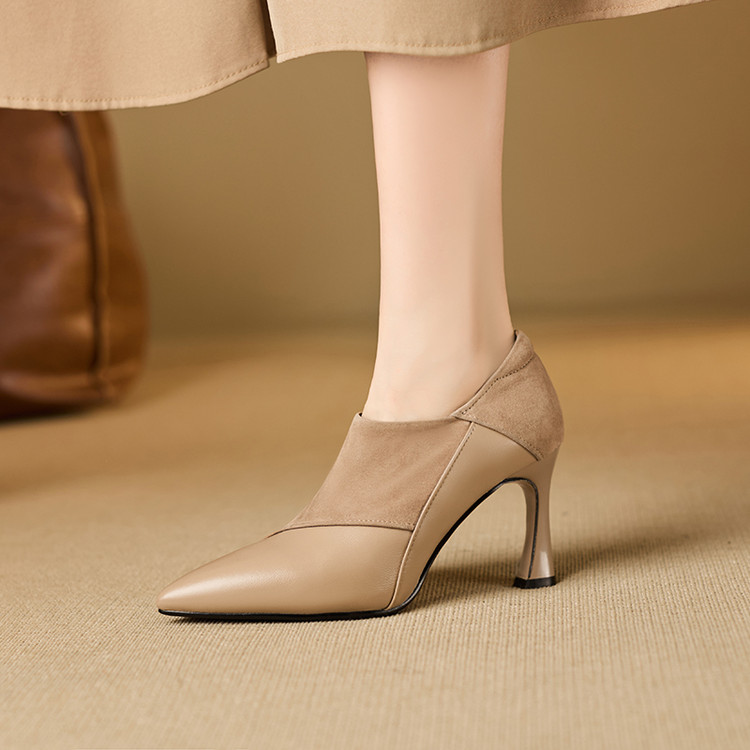 【[预售5天】复古真皮拼接时尚高跟鞋女春秋季新款尖头细跟深口单鞋气质工作鞋MQE&G67-10