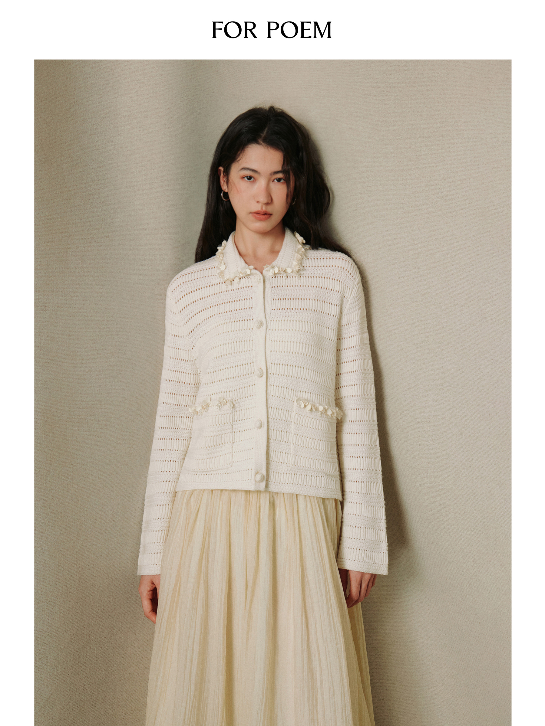 ForPoem 26/SS 原创设计重工花边镂空条纹针织衫女短款开衫外套