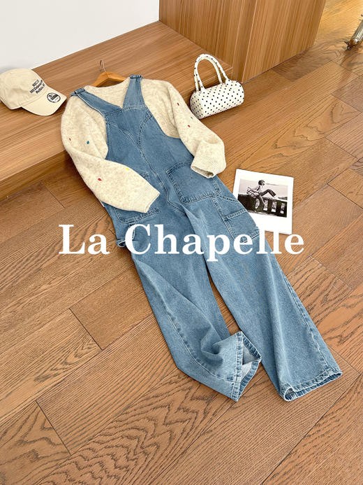 专柜实拍【减龄神器】拉夏贝尔/La Chapelle重磅100棉牛仔背带裤！撞色刺绣蝴蝶宽松显瘦直筒连体裤 商品图4