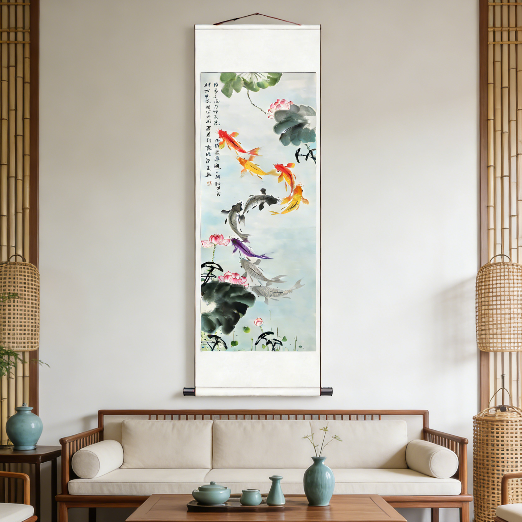 新中式九鱼运财竖版国画玄关书房走廊客厅字画装饰画（无装裱）